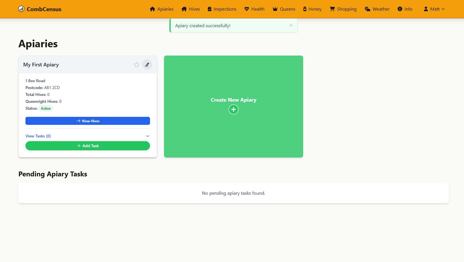 Screenshot: Newly created apiary page showing empty hive slots
