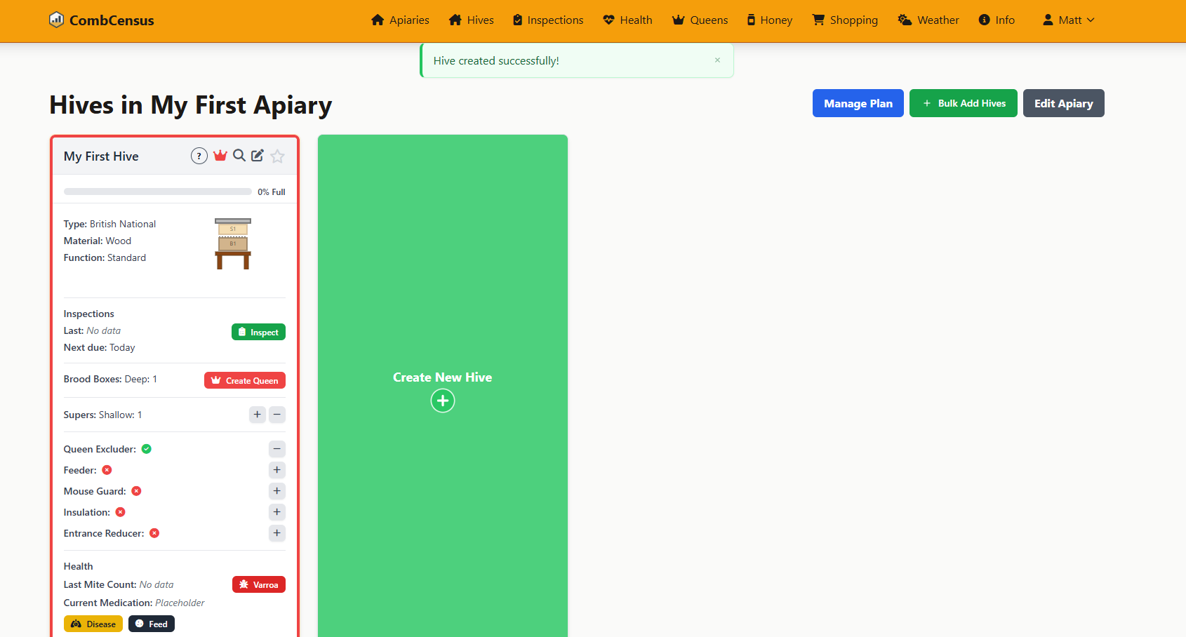 Screenshot: Hive page with queen section highlighted