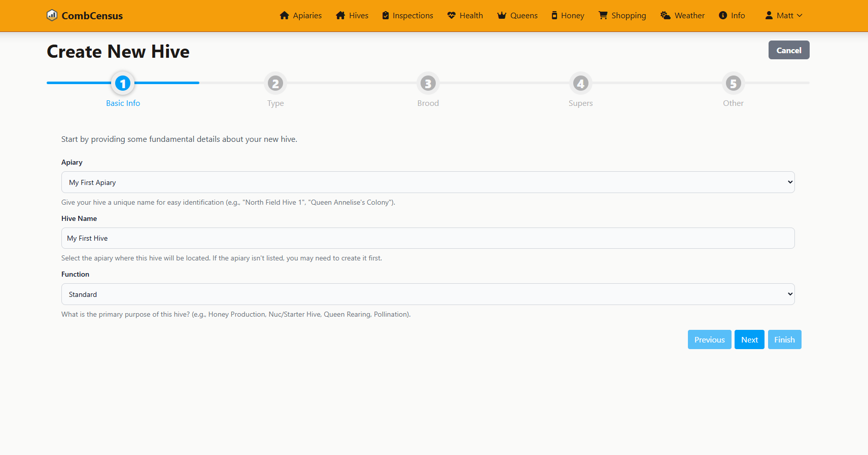 Screenshot: Hive creation form with sample data