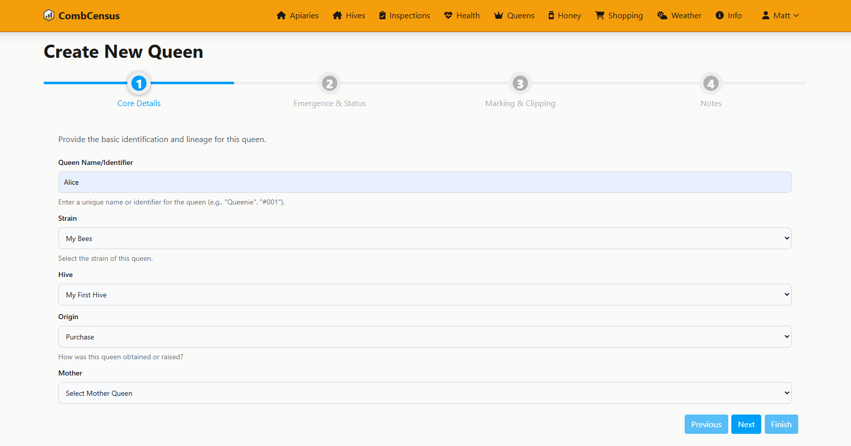 Screenshot: Queen registration form with sample data